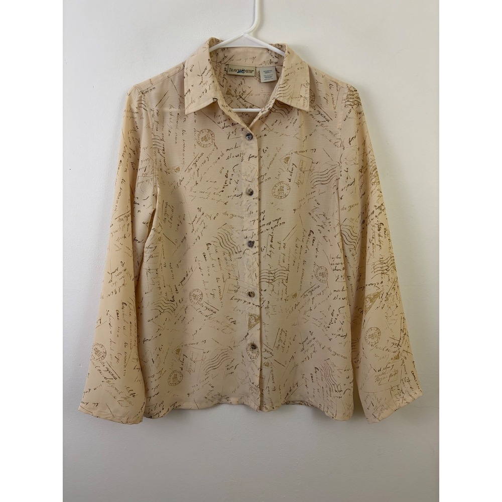 Travelsmith Womens Small Button Up Shirt Non Wrinkle Script Postcard Print Beige